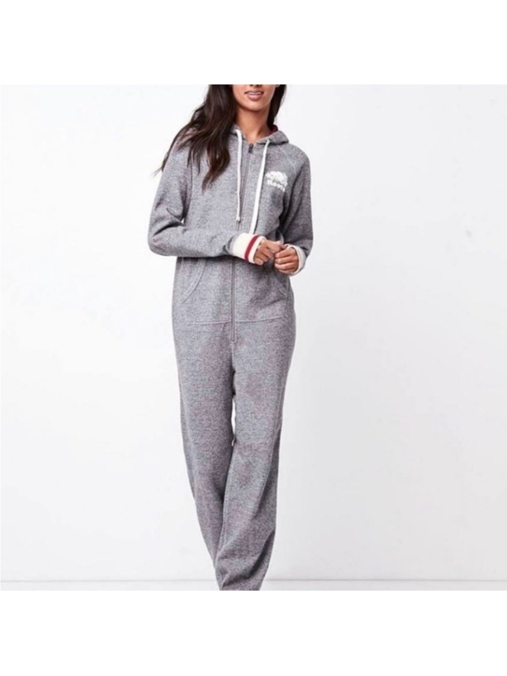 Roots Gray Hooded Zip-Front Jumpsuit with Stripe Cuffs